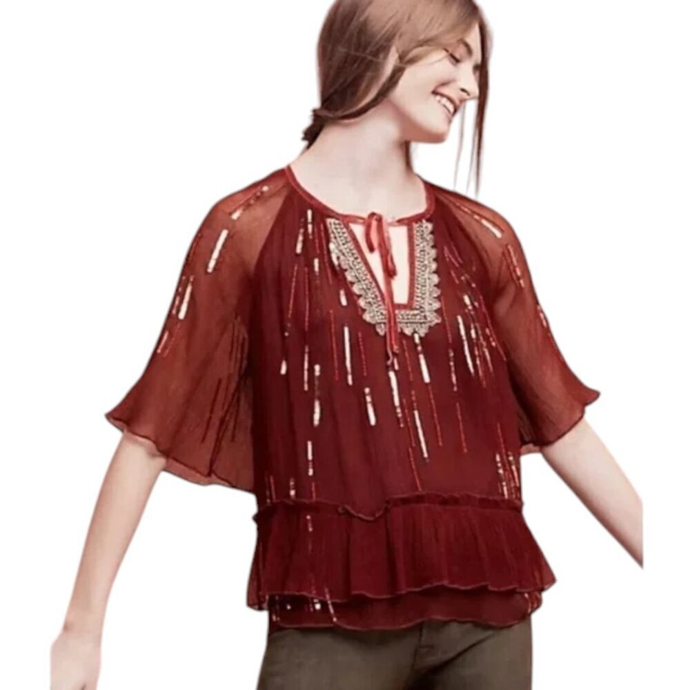 Anthropologie Floreat Canales Burgundy Sheer Beaded Tiered Blouse
